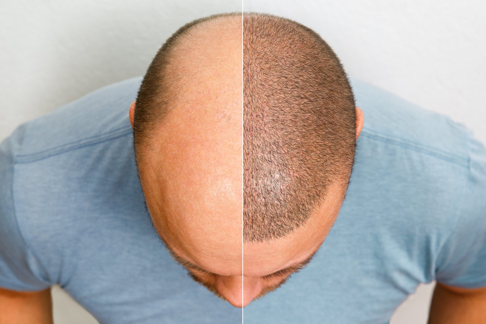 The head of a balding man before and after hair transplant surgery. A man losing his hair has become shaggy. An advertising poster for a hair transplant clinic. Treatment of baldness