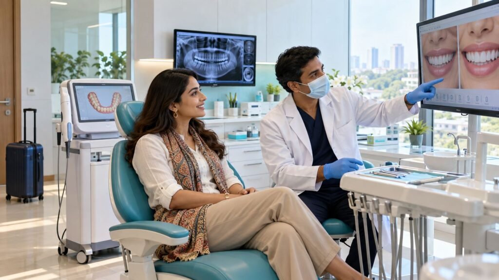 NRI patient reviewing a digital smile design with a dentist at a modern cosmetic dentistry clinic in India